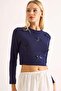 Women's Ribbon Long Sleeve Crop Blouse Navy Blue - 4