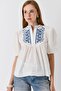 Women's Buttoned Collar Patterned Balloon Short Sleeve Blouse White - 3