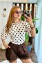 Women's Crew Neck Lycra Polka Dot Patterned Short Sleeve Blouse Brown - 2