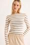Women's Stripe Pattern Wide Collar Long Sleeve Blouse Milk Coffee - 5