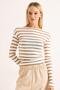 Women's Stripe Pattern Wide Collar Long Sleeve Blouse Milk Coffee