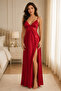 Women's Red Lace Detailed Slit Long Satin Thin Strap Nightgown - 3