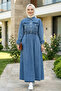Women's Buttoned Elastic Waist Pocketed Denim Blue Dress - 2