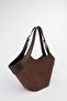 Women's Suede Brown Medium Size Makeup Bag with Belt Strap Detail, Hand and Shoulder Bag Lara - 4
