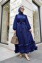 Lined Ruffle Detailed Crinkle Crepe Hijab Dress - Navy Blue