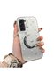 Samsung Galaxy S21 Fe Compatible Silver Engraved Moon and Star Pattern Non-Transparent Acrylic Back Silicone Edge Case