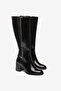 Black Shiny Belt Buckle and Zipper Detailed Round Toe Boots
