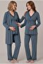 Women's Anthracite Lace Buttoned Maternity Pajama Set with Dressing Gown for Easy Breastfeeding
