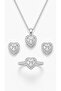 Crystal Stone Heart Pendant Earrings and Adjustable Ring 3-Piece Jewelry Set Silver Color