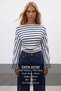 Women's Navy Blue Boat Neck Spanish Sleeve Side Gathered Striped Blouse Alc-X15605 - 2