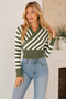 Women's Double Breasted Collar Long Sleeve Elastic Waist Cross Striped Short Crop Mint White Knitwear Sweater - 5