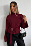 Half Turtleneck Draped Belt Buckle Wide Sleeve Blouse - 3