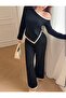 Contrast Striped One-Shoulder / Boat Neck Knitwear Set with Trousers - 2