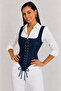 Retro Denim Lace-Up Corset – Navy Blue - 4