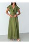 Khaki Double Breasted Collar Long Dress with Flounce Sleeves - 4