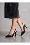 Black Crinkled Patent Leather Pointed Toe Slingback Heeled Shoes Laser Cut Wavy Edge Goblet Heel Stylish - 4