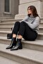Elara Black Patent Leather Women's Daily Stylish Elegant Pointed Heeled Stretch Form Zippered Thick Boots Bootie - 6