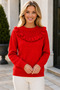 Women's Round Neck Long Sleeve Ruffled Collar Mesh Detailed Transparent Stylish Casual Red Knitwear Sweater - 2