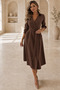 Brown Shirt Collar Double Breasted Half Sleeve Self Belted Pocketed Crepe Fabric Dress