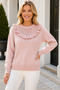Women's Round Neck Long Sleeve Ruffled Collar Mesh Detailed Transparent Stylish Casual Powder Knitwear Sweater - 5