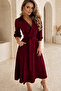 Burgundy Shirt Collar Double Breasted Half Sleeve Self Belted Pocketed Crepe Fabric Dress - 2