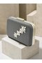 Anthracite Gray Platinum Striped Satin Silver Detailed Crystal Stone Chain Strap Women's Evening Dress Bag Wedding Engagement Graduation - 2