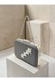 Anthracite Gray Platinum Striped Satin Silver Detailed Crystal Stone Chain Strap Women's Evening Dress Bag Wedding Engagement Graduation - 2