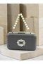 Anthracite Gray Platinum Striped Satin Silver Detailed Crystal Stone Chain Strap Women's Evening Dress Bag Wedding Engagement Graduation - 3