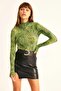 Women's Green Leopard Print Half Fisherman Long Sleeve Blouse - 3