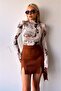 Women Coffee Cream Pattern Half Fisherman Long Sleeve Blouse