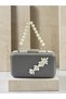 Anthracite Gray Platinum Striped Satin Silver Detailed Crystal Stone Chain Strap Women's Evening Dress Bag Wedding Engagement Graduation - 3