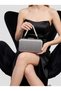Anthracite Gray Platinum Striped Satin Silver Detailed Crystal Stone Chain Strap Women's Evening Dress Bag Wedding Engagement Graduation