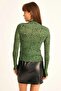Women's Green Zebra Pattern Half Fisherman Long Sleeve Blouse - 4