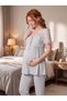 New Season Women's Gray Lace Detailed Special Design Short Sleeve Maternity Pajama Set with Breastfeeding Feature - 2