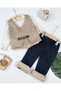 Lined Leather Belt Detailed Plush Vest, Flexible Cotton Bodysuit and Fuzzy Lycra Jeans, 3-Piece Baby Girl Set - 3
