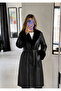 Black Mady Collar Fur Long Leather Trench Coat - 2