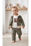 Teddy Bear Printed Stretch Fabric Bodysuit, Buttoned Gabardine Jacket and Bermuda Pocket Detail 3-Piece Baby Boy Set - 6