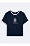 Text Printed Crop Navy Blue T-Shirt - 3