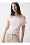 Alita City Farkıyla Lcw Everyday Pink Combed Cotton Plain Boat Neck Short Sleeve Women's Blouse