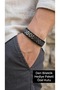 Harveno Steel Black Leather Men's Bracelet - Silver Tone Chain Textured Wide Model