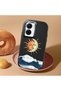 Vivo Y16/Y02S Compatible Retro Style Sun Moon Sea Wave Pattern Shock Absorbing Camera Protected Black Silicone Case - 2