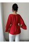 Women's Long Sleeve Round Neck Batwing Sleeve Belted Waist Atlas Blouse 98101 - 3
