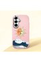 Pink Silicone Case with Retro Style Sun Moon Sea Wave Pattern for Samsung Galaxy S25 Plus Compatible with Shock Absorbing Camera Protection