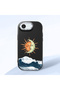 iPhone 16E Compatible Retro Style Sun Moon Sea Wave Pattern Shock Absorbing Black Silicone Case with Camera Protection