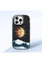 iPhone 15 Pro Max Compatible Retro Style Sun Moon Sea Wave Pattern Shock Absorbing Black Silicone Case with Camera Protection