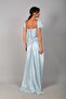 Women's Strapless Lace Detailed Collar Low Sleeve Lined Draped Crinkle Satin Long Dress - 4