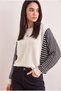 New Season, Women's Ecru, Striped Acrylic Knit Sweater, Batwing Sleeve, Boat Neck, Long Sleeve - 2