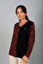Women's Leopard Patterned Heart Brooch V-Neck Long Sleeve Blouse - 3