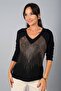 Women's Front Vertical Stone Embroidered V-Neck Long Sleeve Blouse