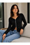 Women's Black Front Buttoned Long Sleeve Slim Viscose Fabric Cardigan Blouse - 2